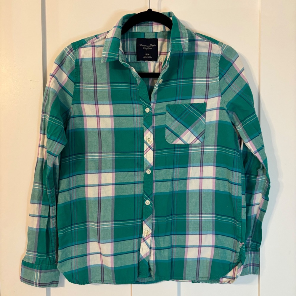 American Eagle Outfitters Teal Plaid Button Down Shirt Womens Medium Cotton Y2K